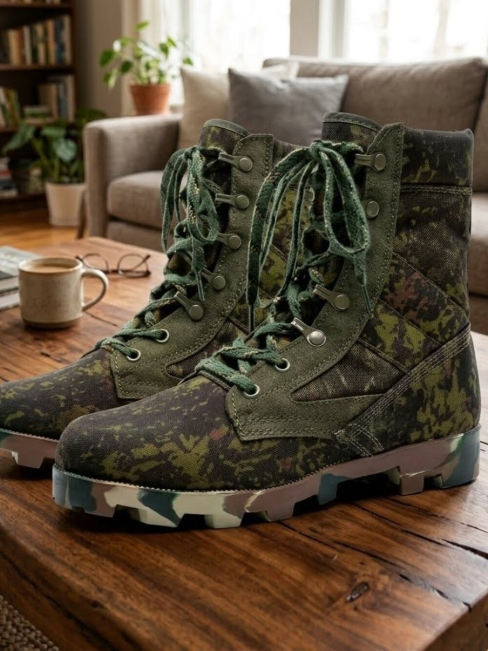 Military Tactical Boots for Work, Green Camo Lace-Up for Men